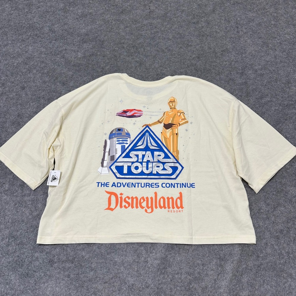 NEW Disney Star Tours T-Shirt Women XL Cream Star Wars Disneyland Crop Top NWT